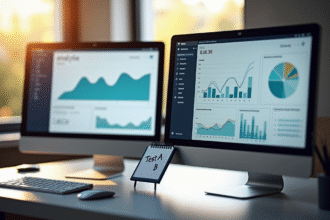 Deux écrans d'ordinateur avec dashboards analytiques modernes