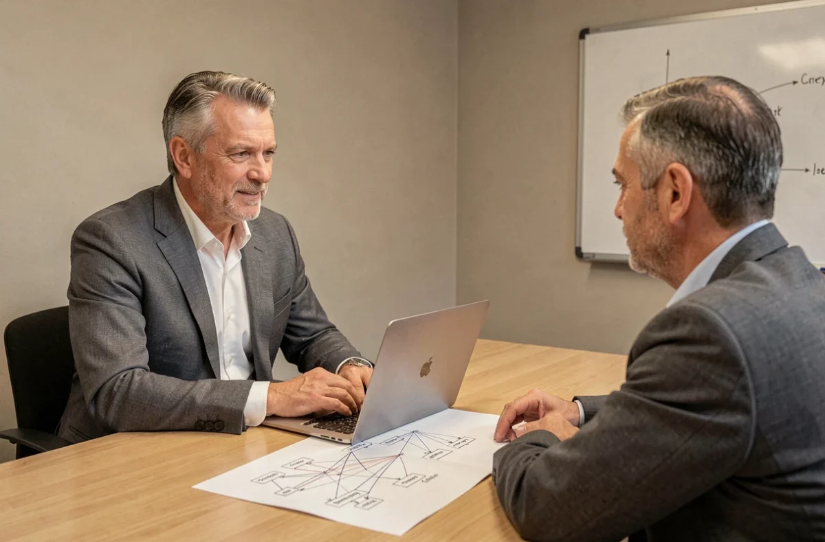 Consultant Org Infor en réunion avec un dirigeant d'entreprise autour d'un plan informatique