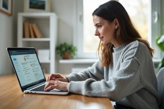 Femme organisant ses dossiers email sur un webmail depuis un bureau à domicile, gestion des notifications et des dossiers Webmel Nancy