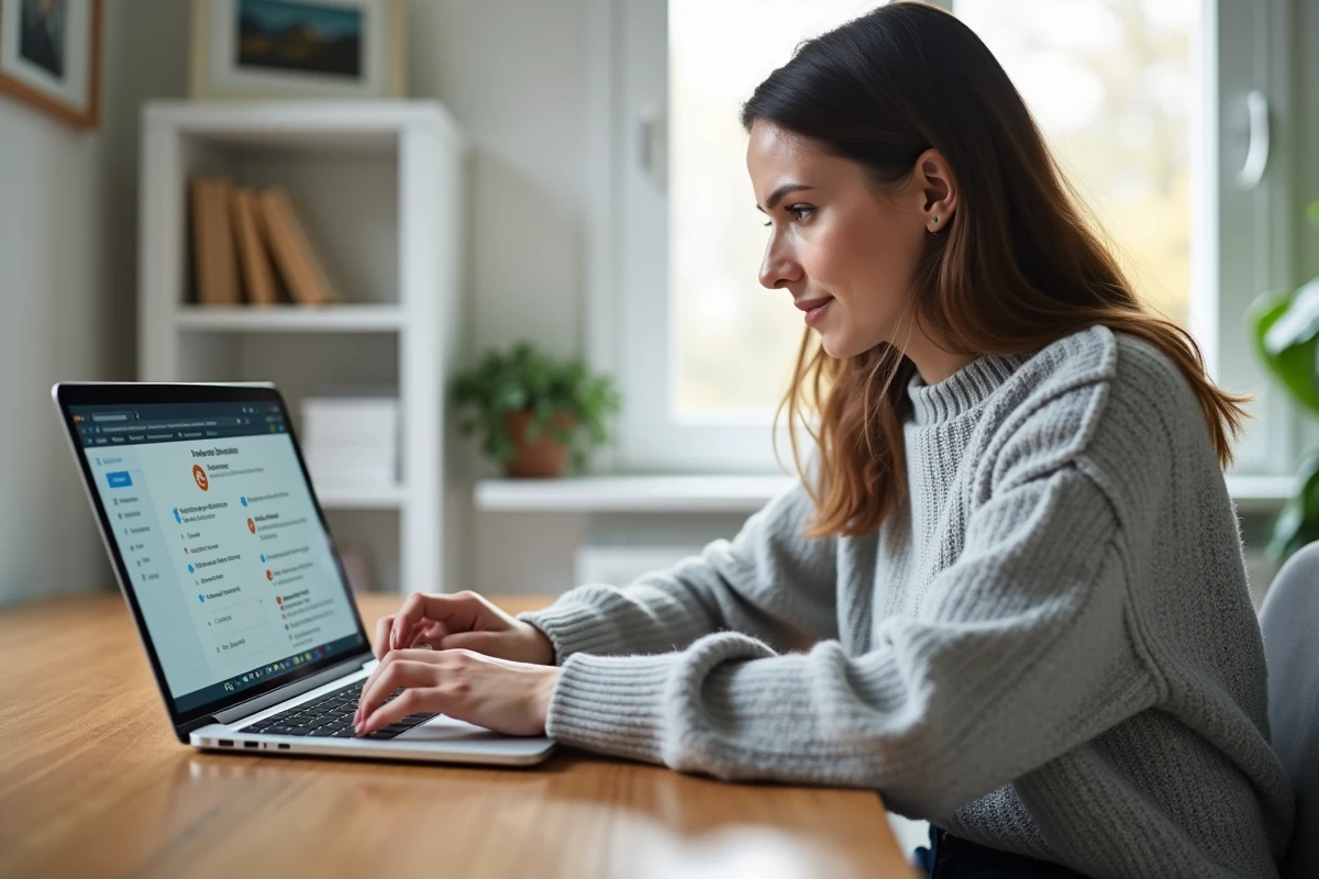 Femme organisant ses dossiers email sur un webmail depuis un bureau à domicile, gestion des notifications et des dossiers Webmel Nancy