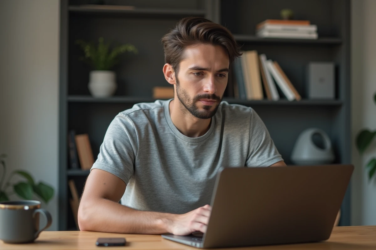Homme utilisant un outil de téléchargement de vidéos YouTube sur un ordinateur portable dans un bureau à domicile