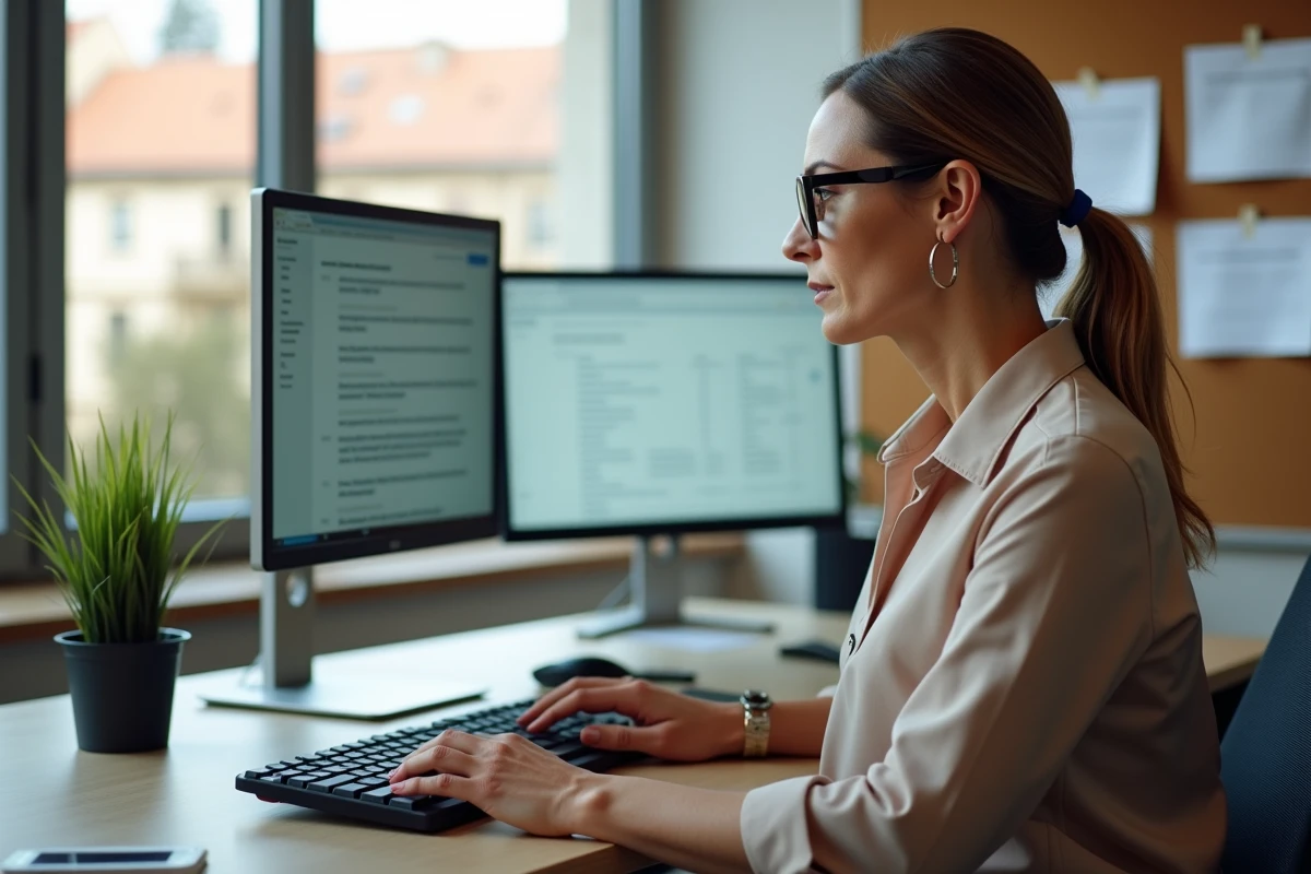 Personnel universitaire Lyon 3 configurant une connexion sécurisée VPN et consultant le guide intranet pas à pas depuis son bureau