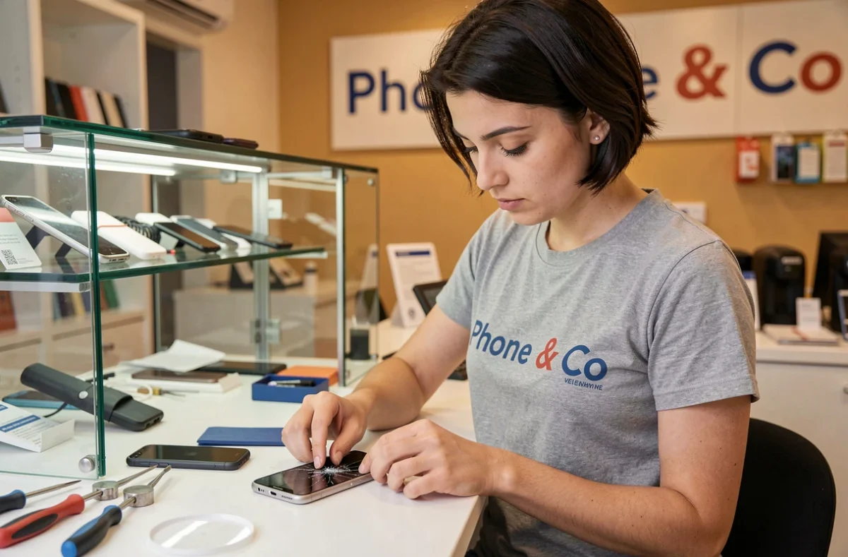 Technicienne de Phone & Co Versailles remplaçant l'écran d'un smartphone sur le comptoir du magasin