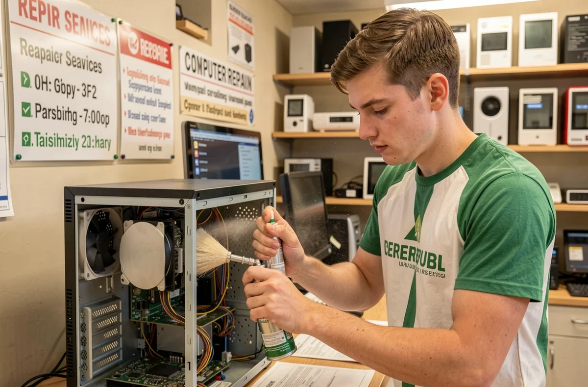 Technicien de Planète Réparation nettoyant l'intérieur d'un ordinateur de bureau au comptoir de service
