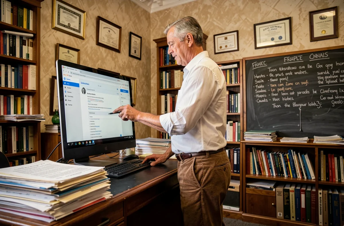 Professeur accédant à sa messagerie académique webmail acdijon sur un ordinateur de bureau dans un bureau universitaire