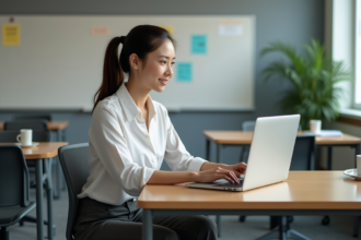 Jeune professeure en classe moderne utilisant un ordinateur portable