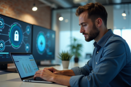 Homme en chemise analyse un tableau de bord VPN sécurisé