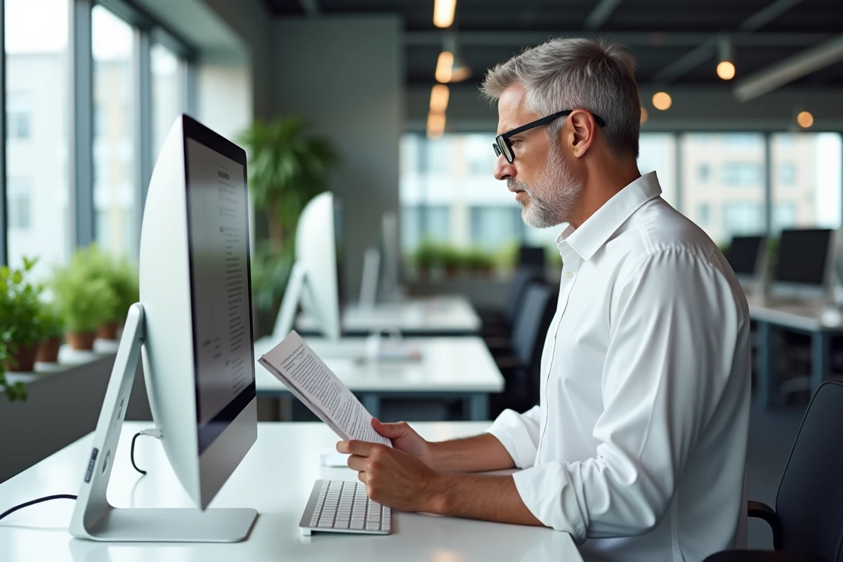 Professionnel utilisant un traitement de texte gratuit sur Mac dans un bureau moderne en open space