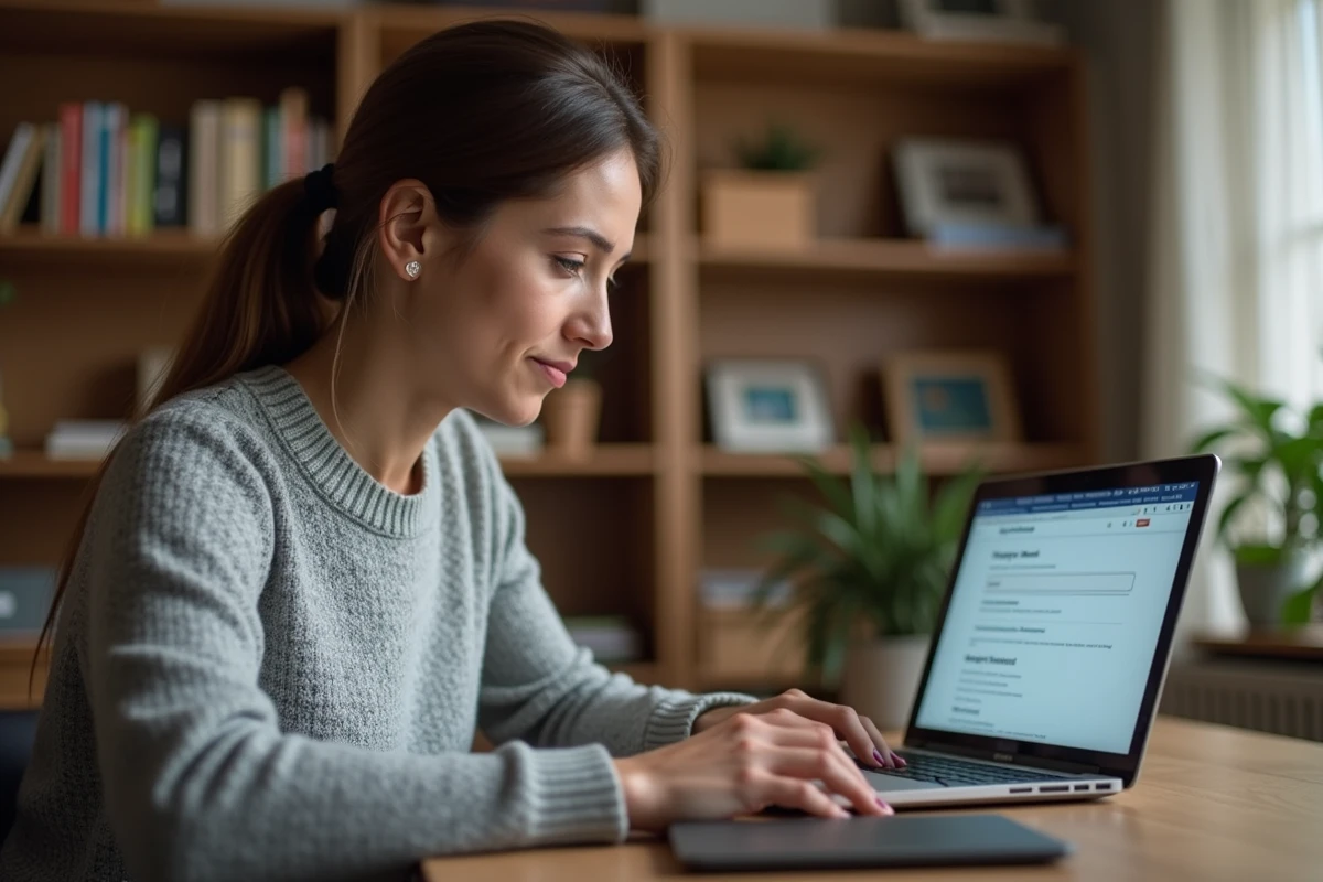 Femme consultant les paramètres de confidentialité sur un ordinateur portable lors d'un téléchargement de vidéo