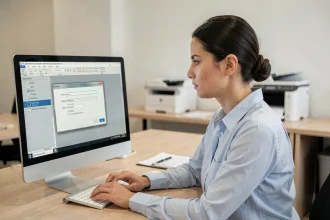 Femme vérifiant les réglages d'impression sur un ordinateur de bureau dans un bureau moderne
