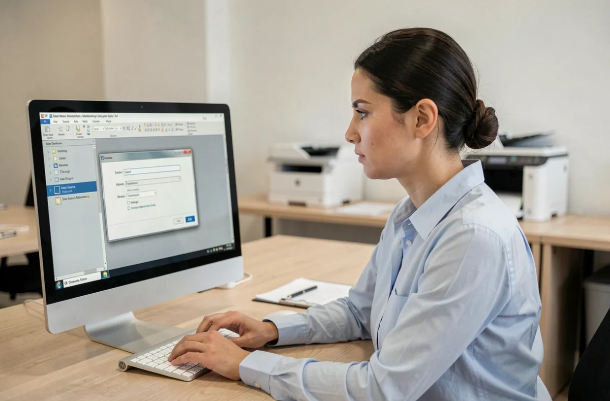Femme vérifiant les réglages d'impression sur un ordinateur de bureau dans un bureau moderne
