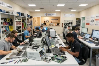 Atelier de réparation d'ordinateurs dans les Yvelines avec des techniciens travaillant sur des postes de travail équipés