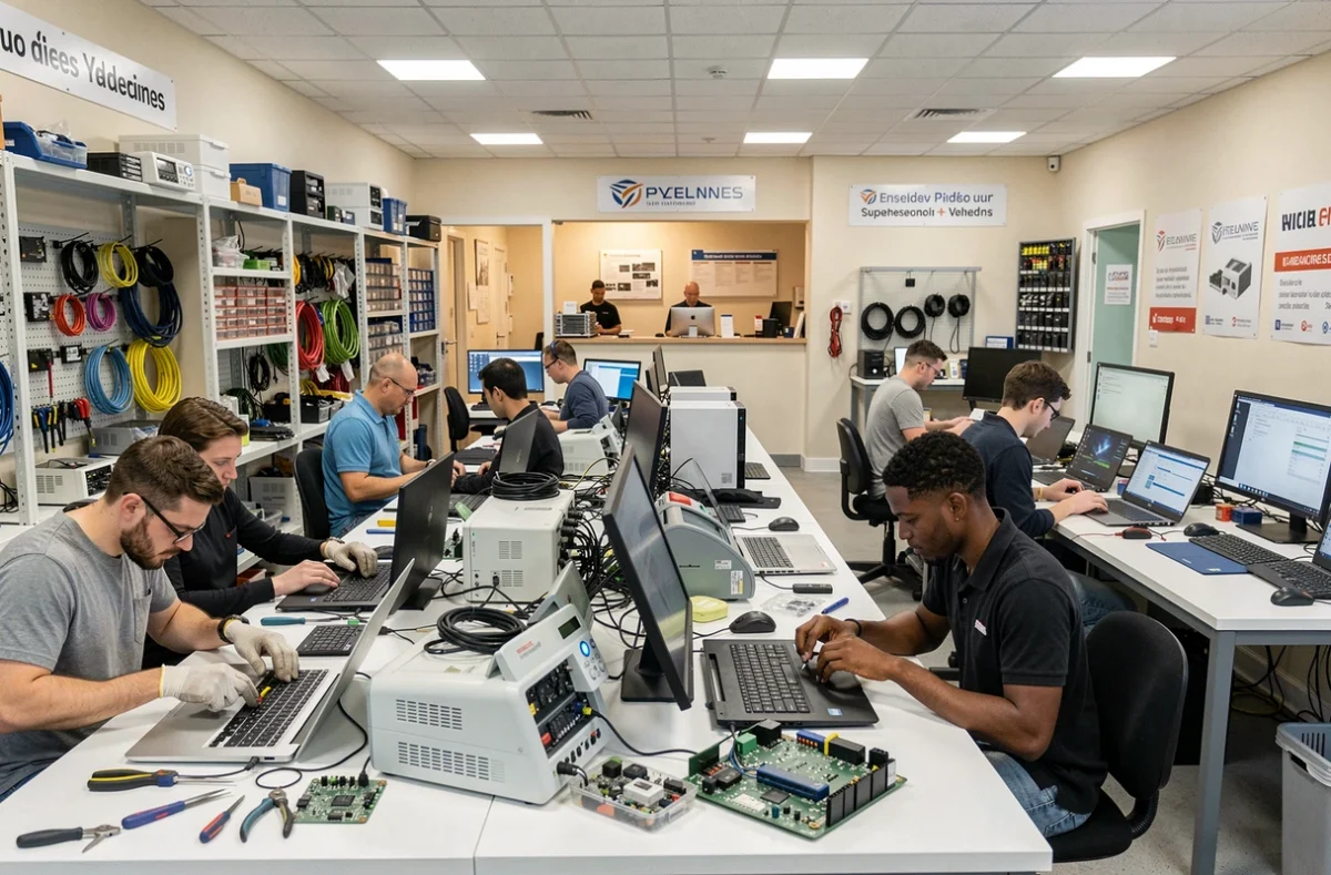 Atelier de réparation d'ordinateurs dans les Yvelines avec des techniciens travaillant sur des postes de travail équipés