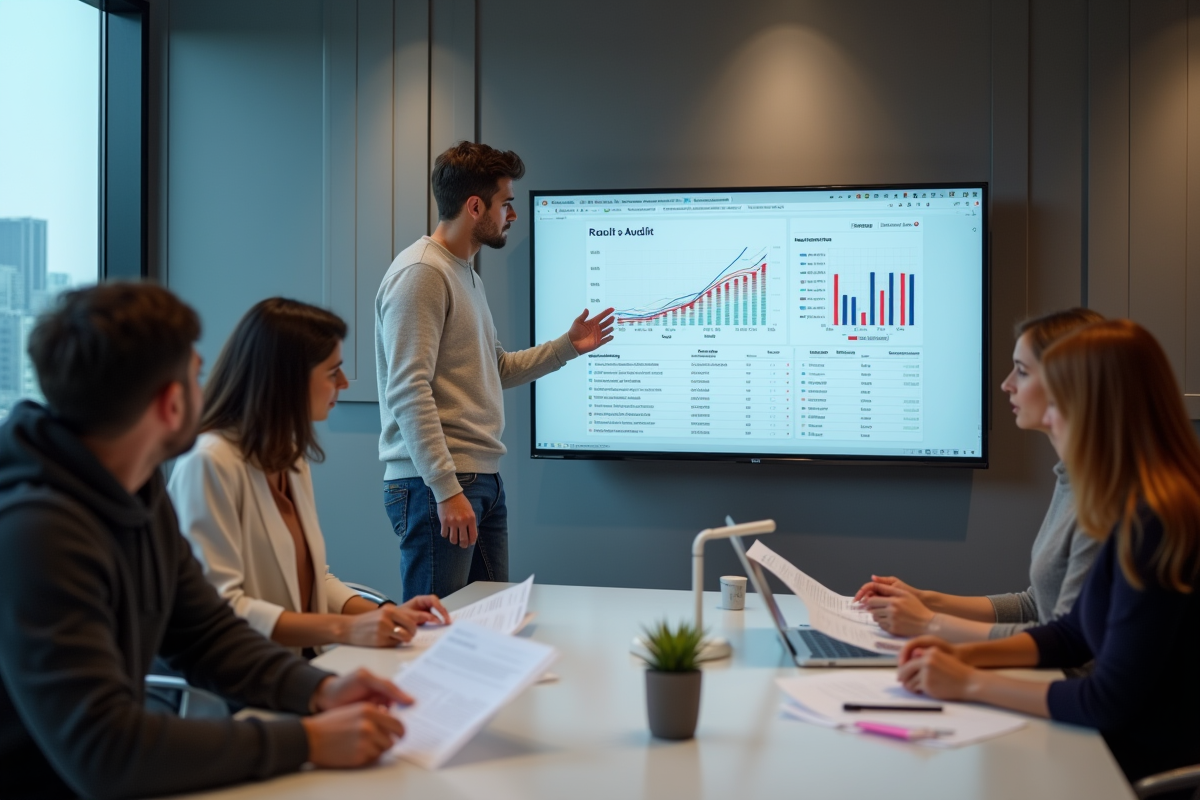 Jeune homme en réunion avec collègues et écran