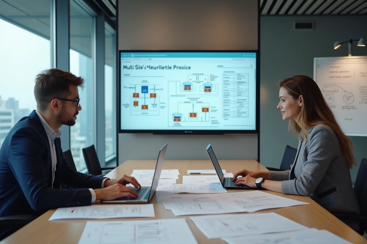 Équipe IT en réunion pour sécuriser une architecture de connexion Plan BI en environnement multi-sites