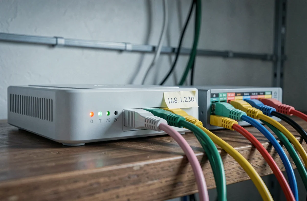 Routeur Wi-Fi et switch réseau domestique avec câbles Ethernet illustrant un conflit d'adresse IP