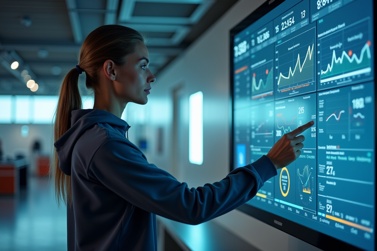 Femme scientifique analysant données biométriques dans laboratoire