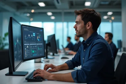 Ingénieur IT sécurisant une connexion Plan BI sur un poste de travail en environnement de bureau multi-sites