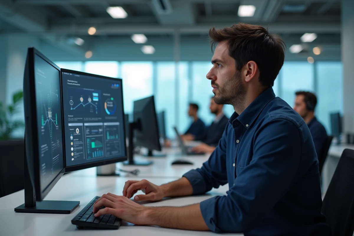 Ingénieur IT sécurisant une connexion Plan BI sur un poste de travail en environnement de bureau multi-sites