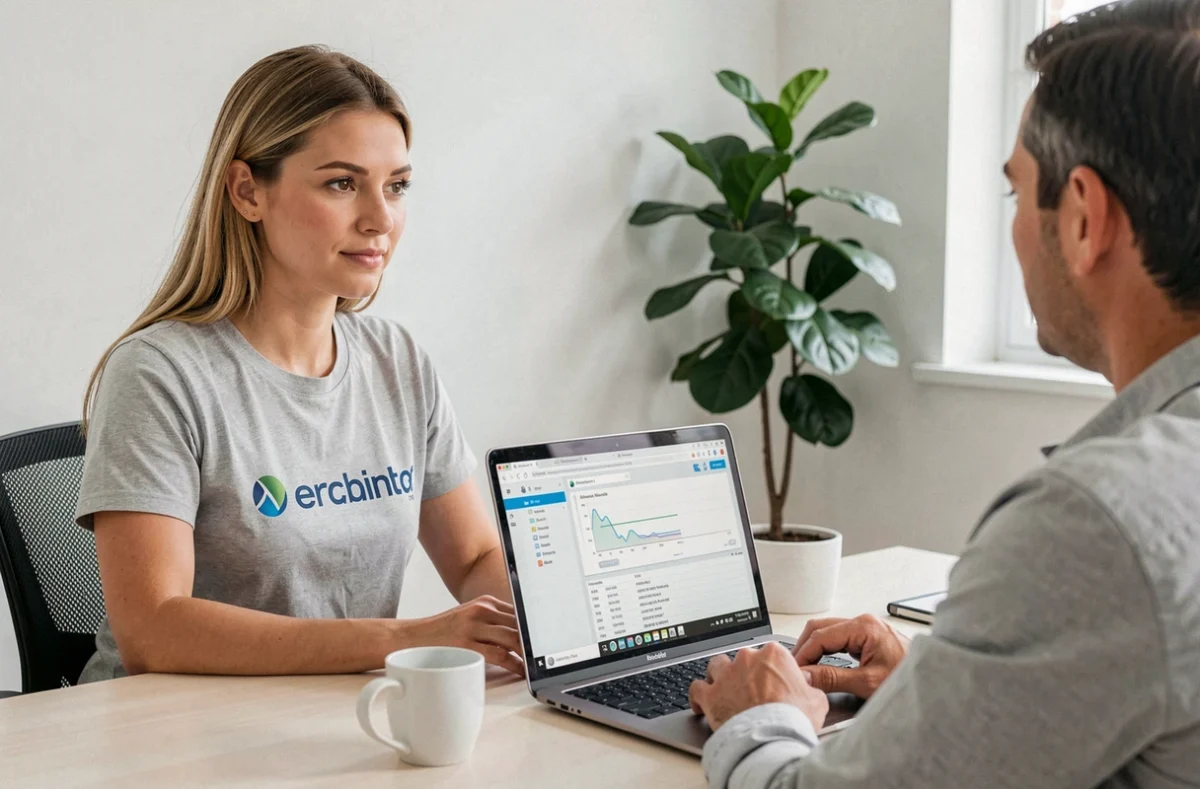 Technicienne Sérénitique en consultation avec un client pour un diagnostic informatique