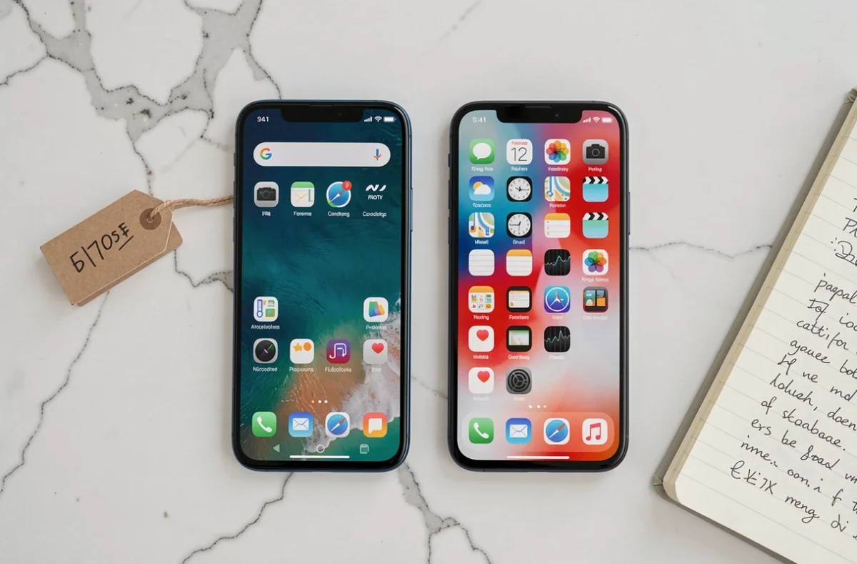 Comparaison côte à côte d'un smartphone Android et d'un iPhone sur une surface en marbre avec étiquette de prix