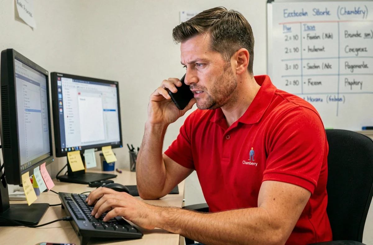 Technicien de SOS Informatique gérant un dépannage urgent par téléphone dans son bureau à Chambéry