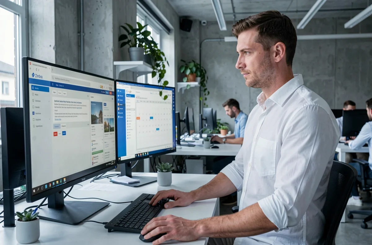 Professionnel comparant l'interface Zimbra et Google Calendar sur deux écrans pour éviter les doublons de rendez-vous