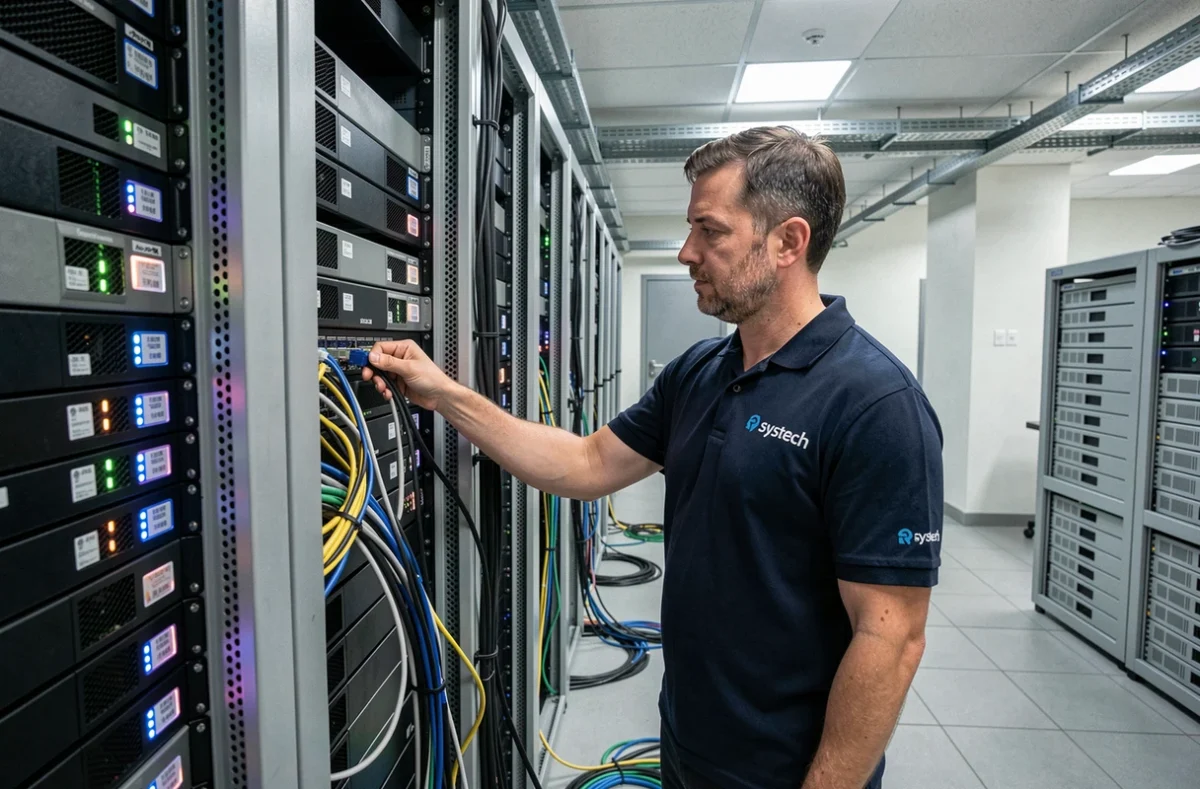 Ingénieur système de Systech Informatique câblant une baie de serveurs dans une salle technique