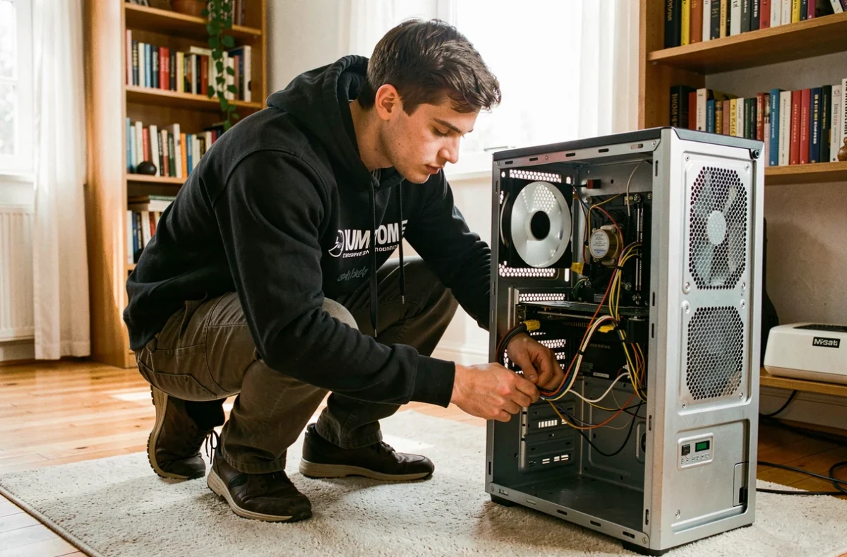 Technicien TechInformatique réparant un ordinateur de bureau à domicile chez un particulier