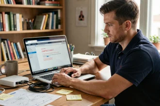Technicien informatique analysant un conflit d'adresse IP sur un réseau local depuis son bureau à domicile