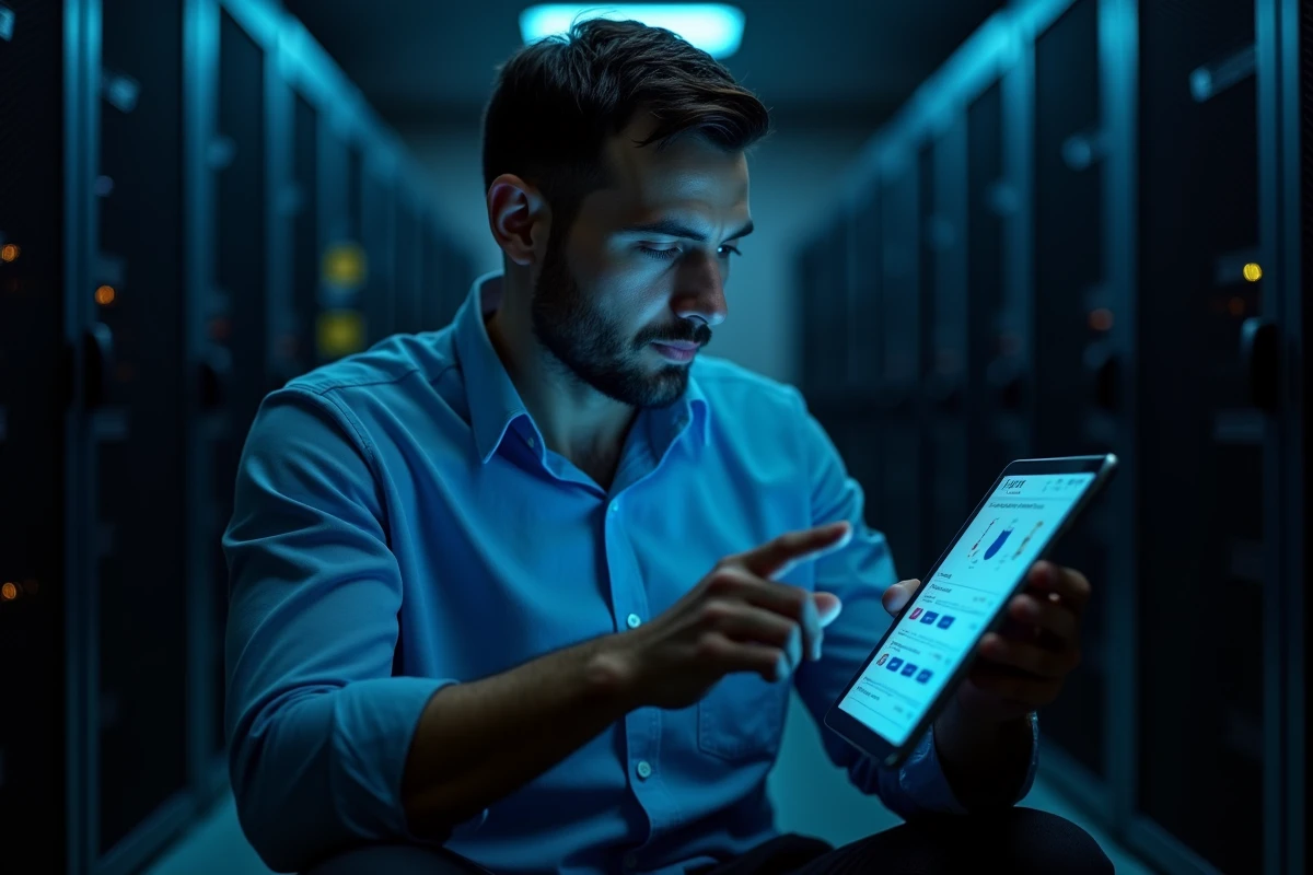 Technicien informatique gérant un système de transfert de fichiers chiffré et sécurisé dans une salle de serveurs d'entreprise