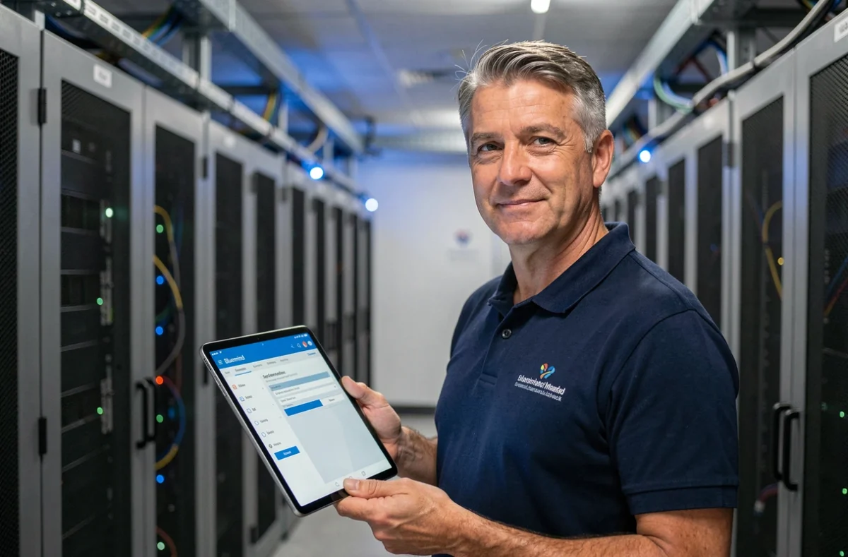 Technicien informatique de la ville de Marseille configurant la synchronisation de la messagerie Bluemind sur une tablette en salle serveur
