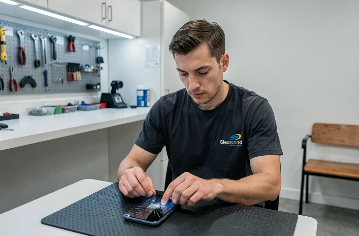 Technicien Technofix remplaçant l'écran d'un smartphone sur un établi de réparation