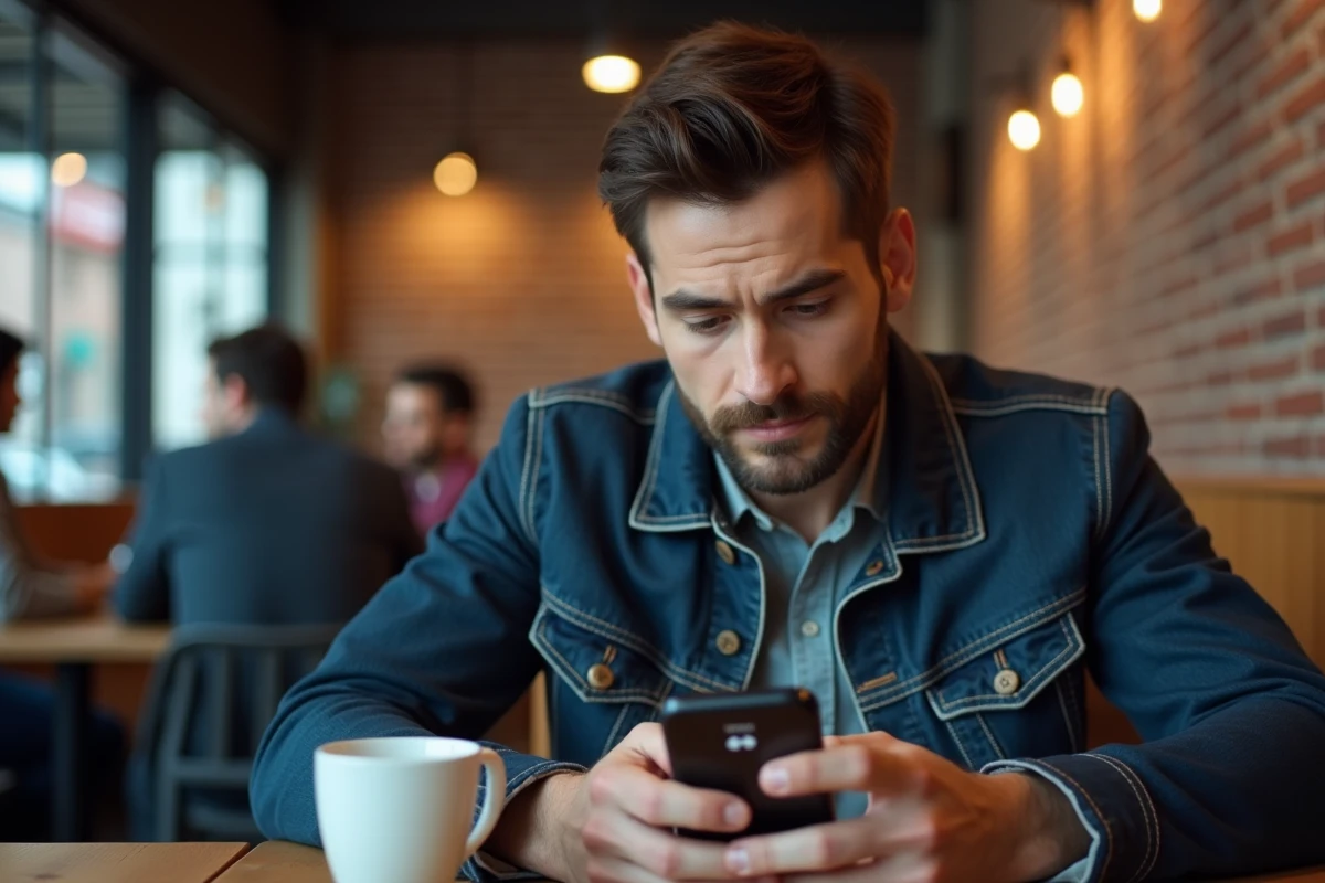 Homme téléchargeant de la musique YouTube en MP3 sur iPhone dans un café urbain