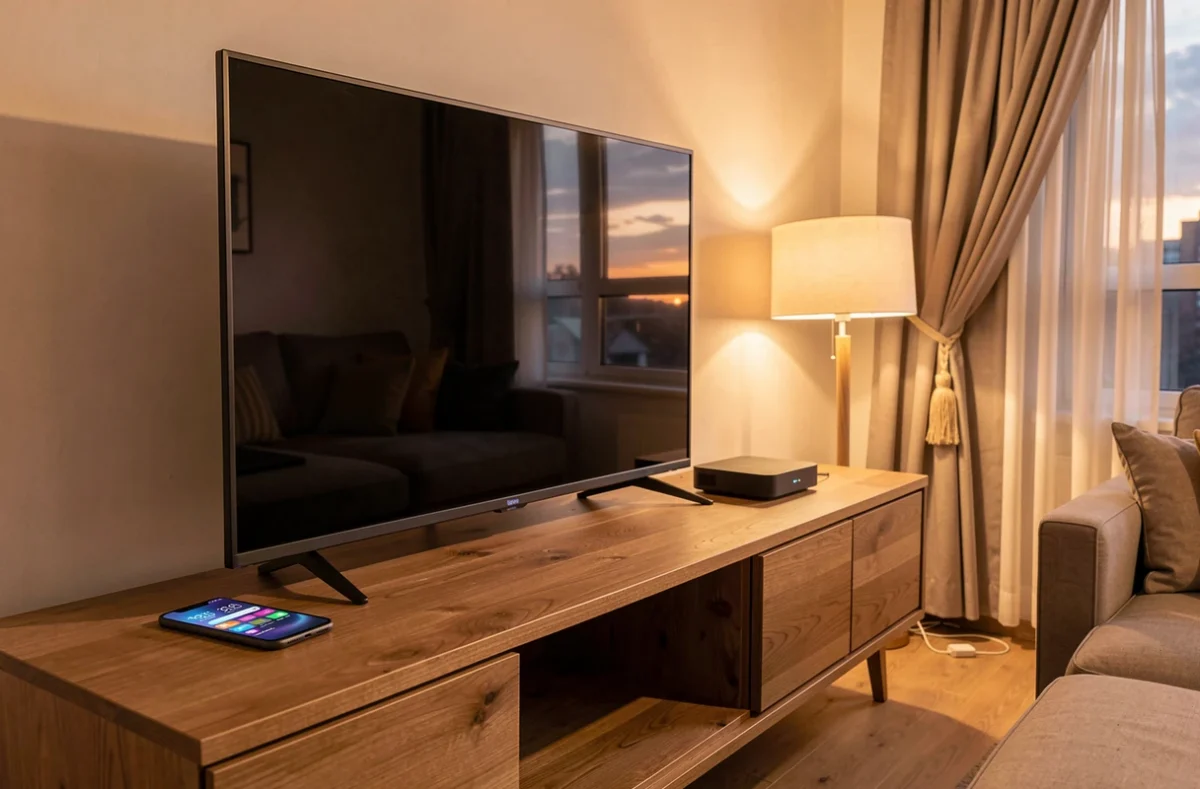 Télévision connectée, smartphone et boîtier posés sur un meuble
