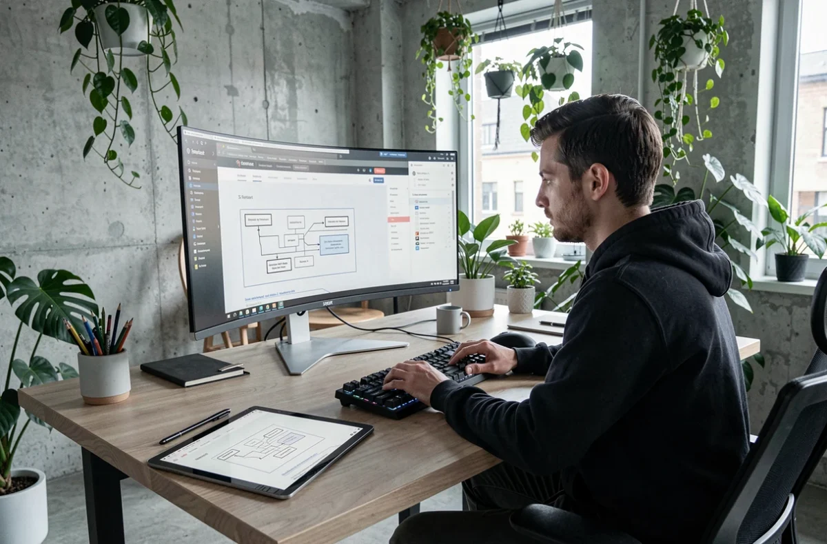 Développeur de To'A Conception Rc2K créant un site web sur un grand écran dans un espace de travail moderne