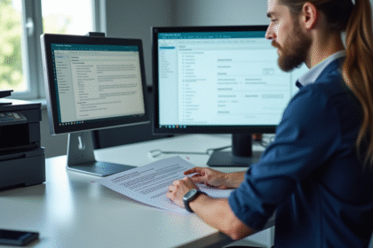 Professionnel utilisant un workflow numérique sur un bureau moderne
