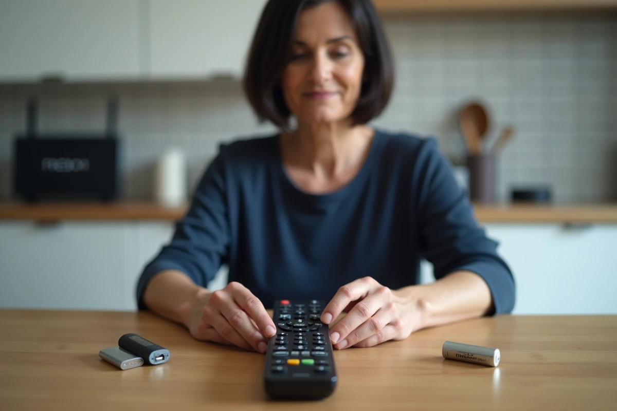 Femme inspectant les piles d'une télécommande Free déposée sur une table de cuisine
