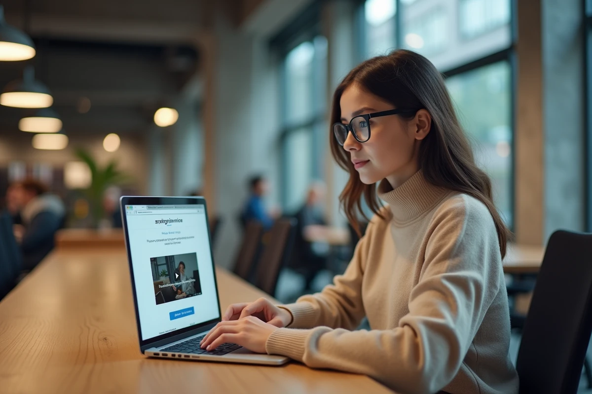 Jeune femme utilisant un VPN pour protéger sa vie privée lors du téléchargement de vidéos dans un espace coworking