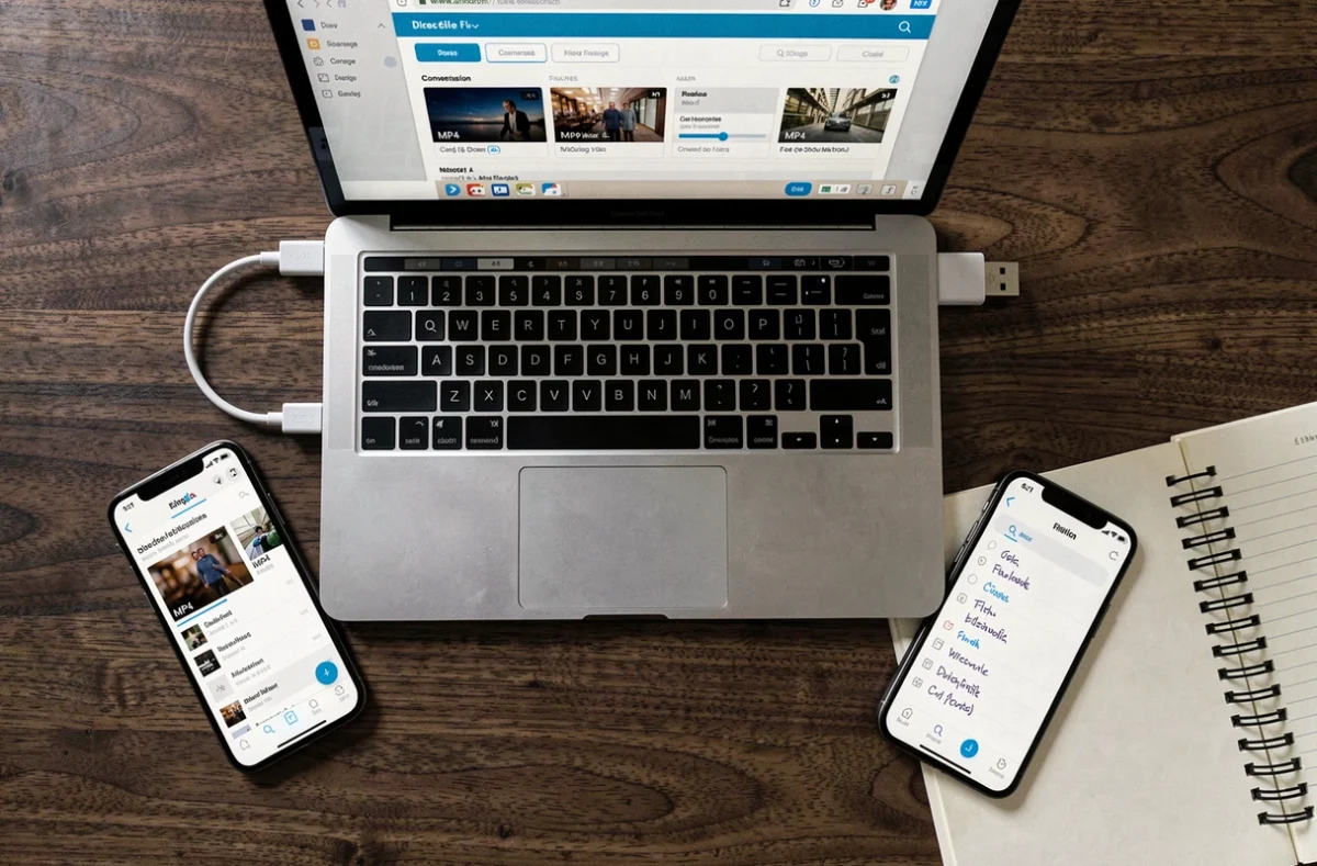 Vue aérienne d'un bureau avec laptop affichant une interface de conversion vidéo MP4 en lot et accessoires numériques