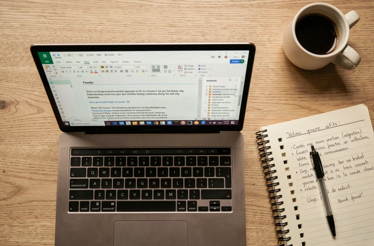 Vue aérienne d'un ordinateur portable affichant une table des matières sur Google Docs avec un carnet de notes manuscrit posé à côté