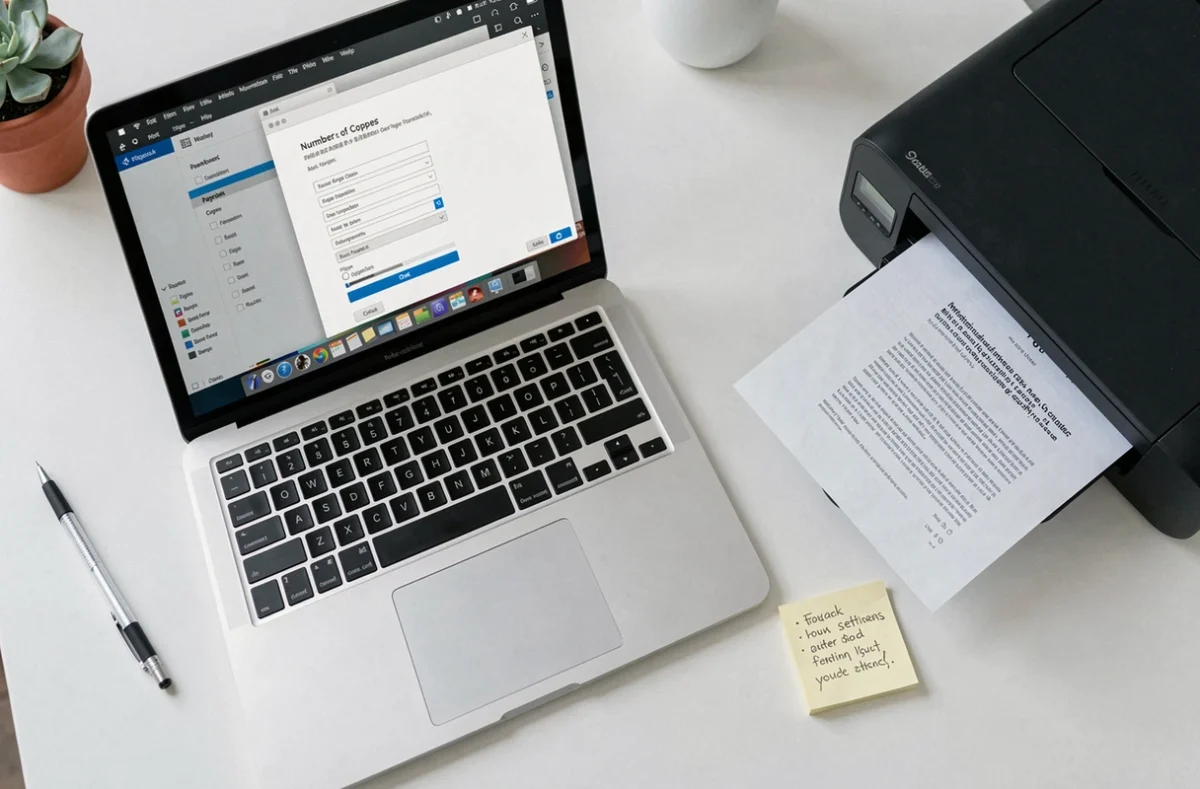 Vue aérienne d'un ordinateur portable avec fenêtre de dialogue d'impression ouverte et imprimante compacte