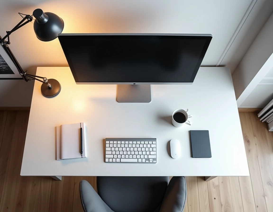 Vue de dessus d'un bureau compact avec écran PC 23 pouces et accessoires bien organisés
