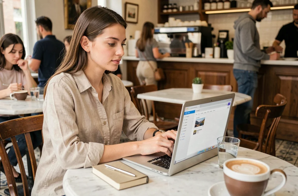 Jeune femme accédant à sa messagerie webmail depuis un café avec un ordinateur portable